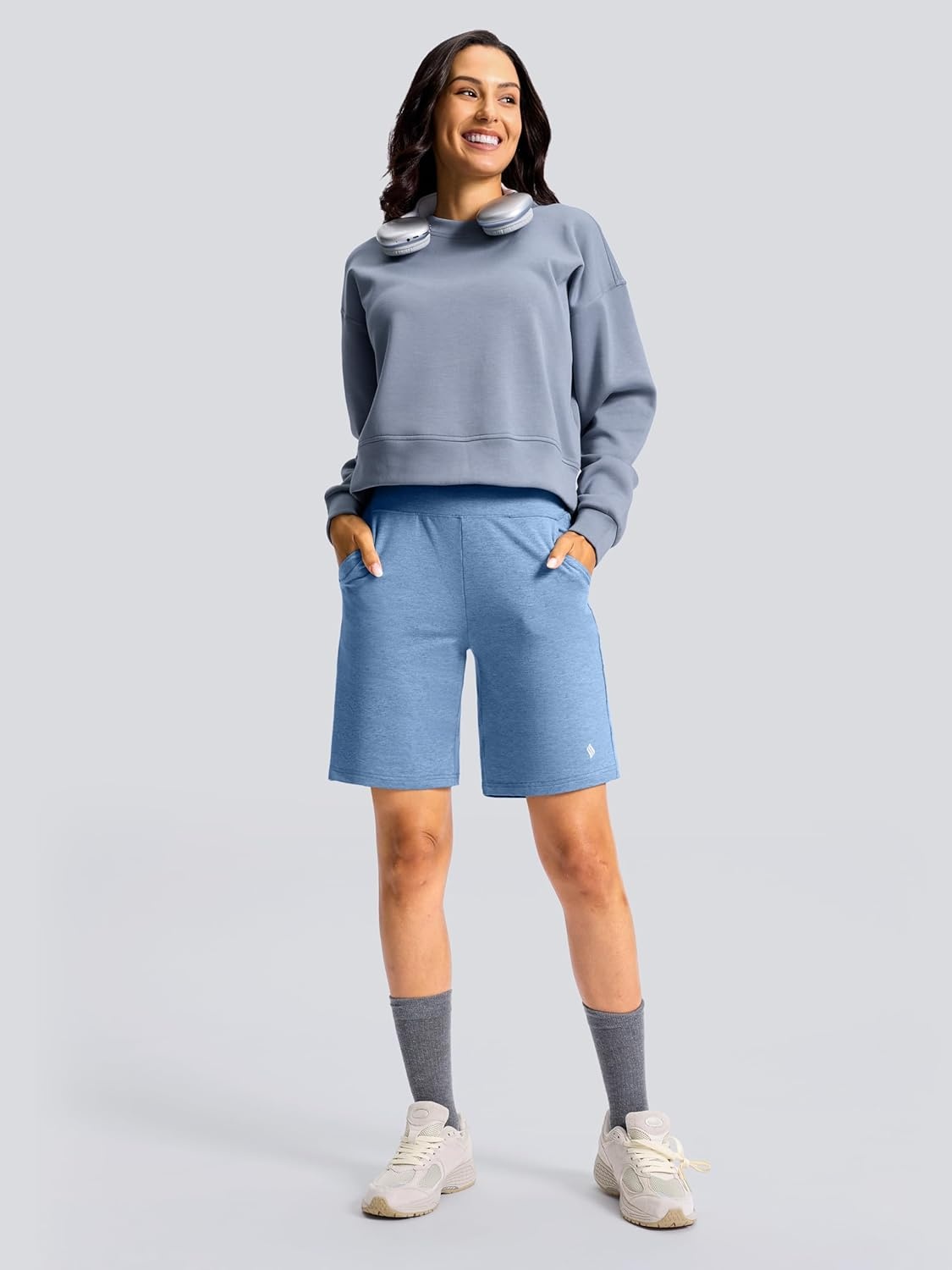 image:imageSANTINY Womens 79 Bermuda Long Shorts Lightweight High Waisted Walking Casual Running Workout Athletic Short with PocketsHaze Blue