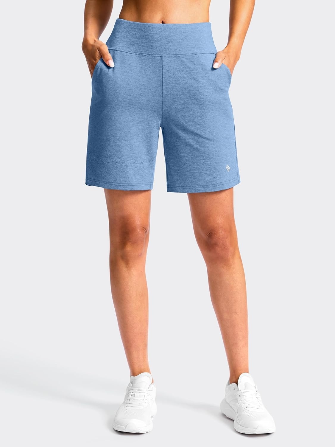 image:imageSANTINY Womens 79 Bermuda Long Shorts Lightweight High Waisted Walking Casual Running Workout Athletic Short with PocketsHaze Blue