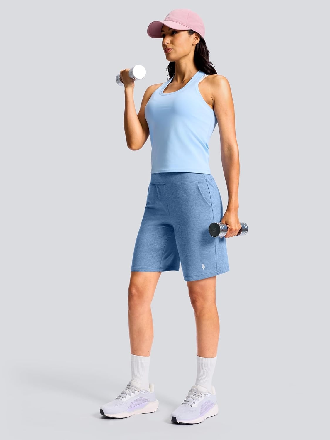 image:imageSANTINY Womens 79 Bermuda Long Shorts Lightweight High Waisted Walking Casual Running Workout Athletic Short with PocketsHaze Blue
