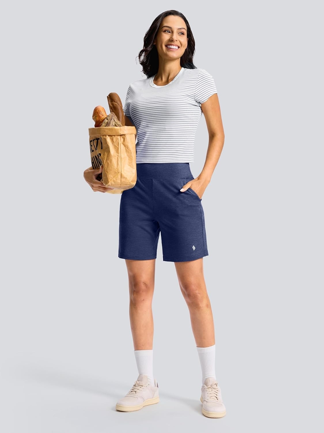 image:imageSANTINY Womens 79 Bermuda Long Shorts Lightweight High Waisted Walking Casual Running Workout Athletic Short with PocketsNavy