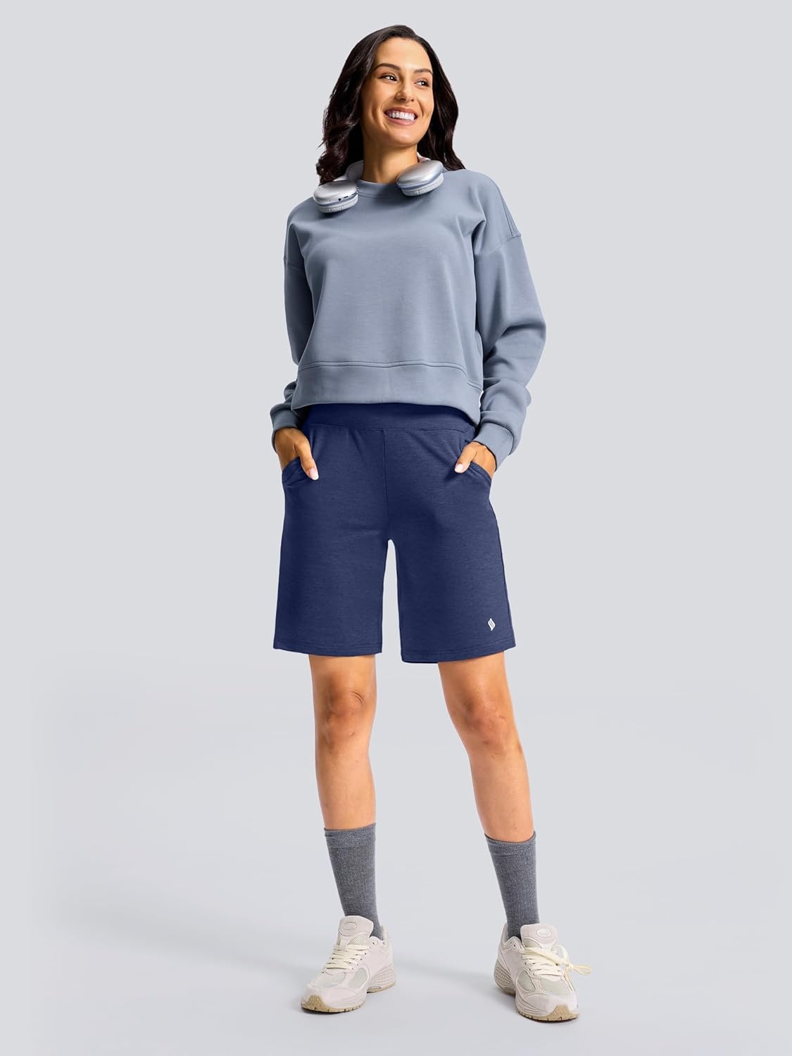 image:imageSANTINY Womens 79 Bermuda Long Shorts Lightweight High Waisted Walking Casual Running Workout Athletic Short with PocketsNavy