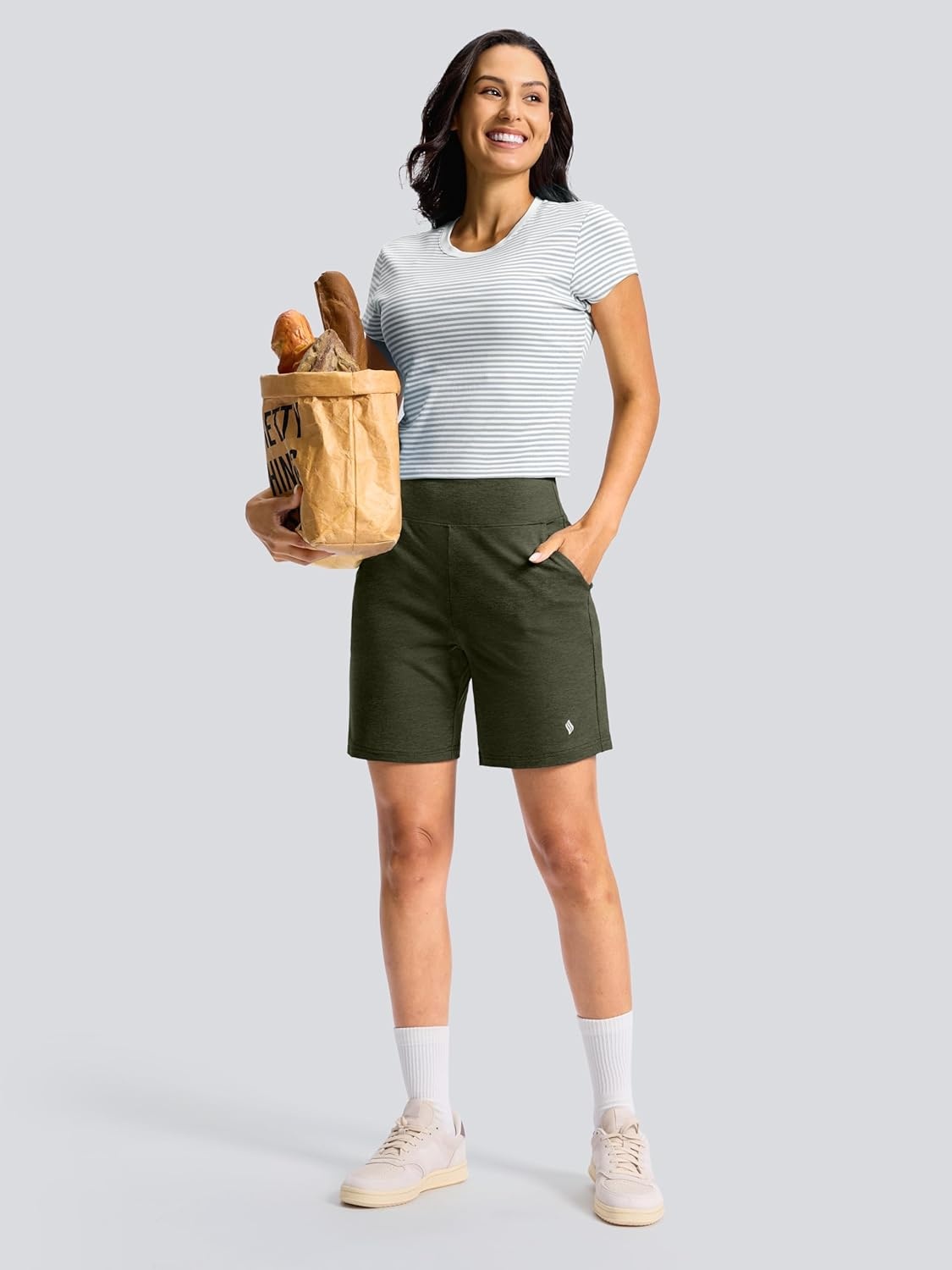 image:imageSANTINY Womens 79 Bermuda Long Shorts Lightweight High Waisted Walking Casual Running Workout Athletic Short with PocketsOlive
