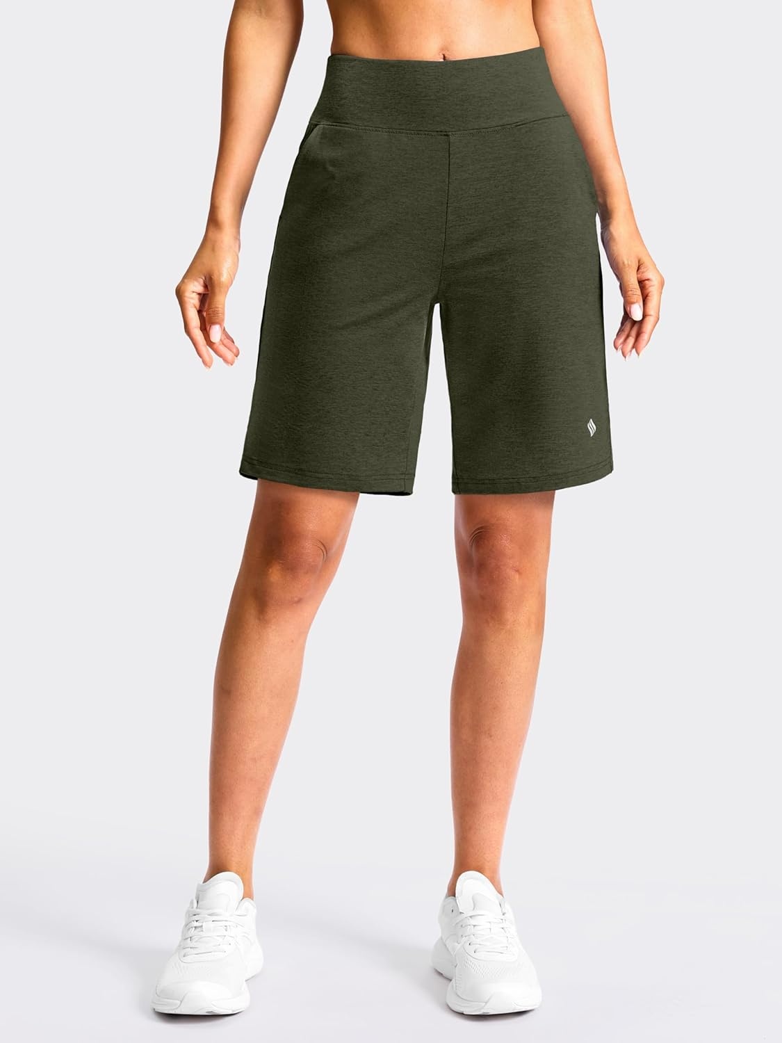 image:imageSANTINY Womens 79 Bermuda Long Shorts Lightweight High Waisted Walking Casual Running Workout Athletic Short with PocketsOlive