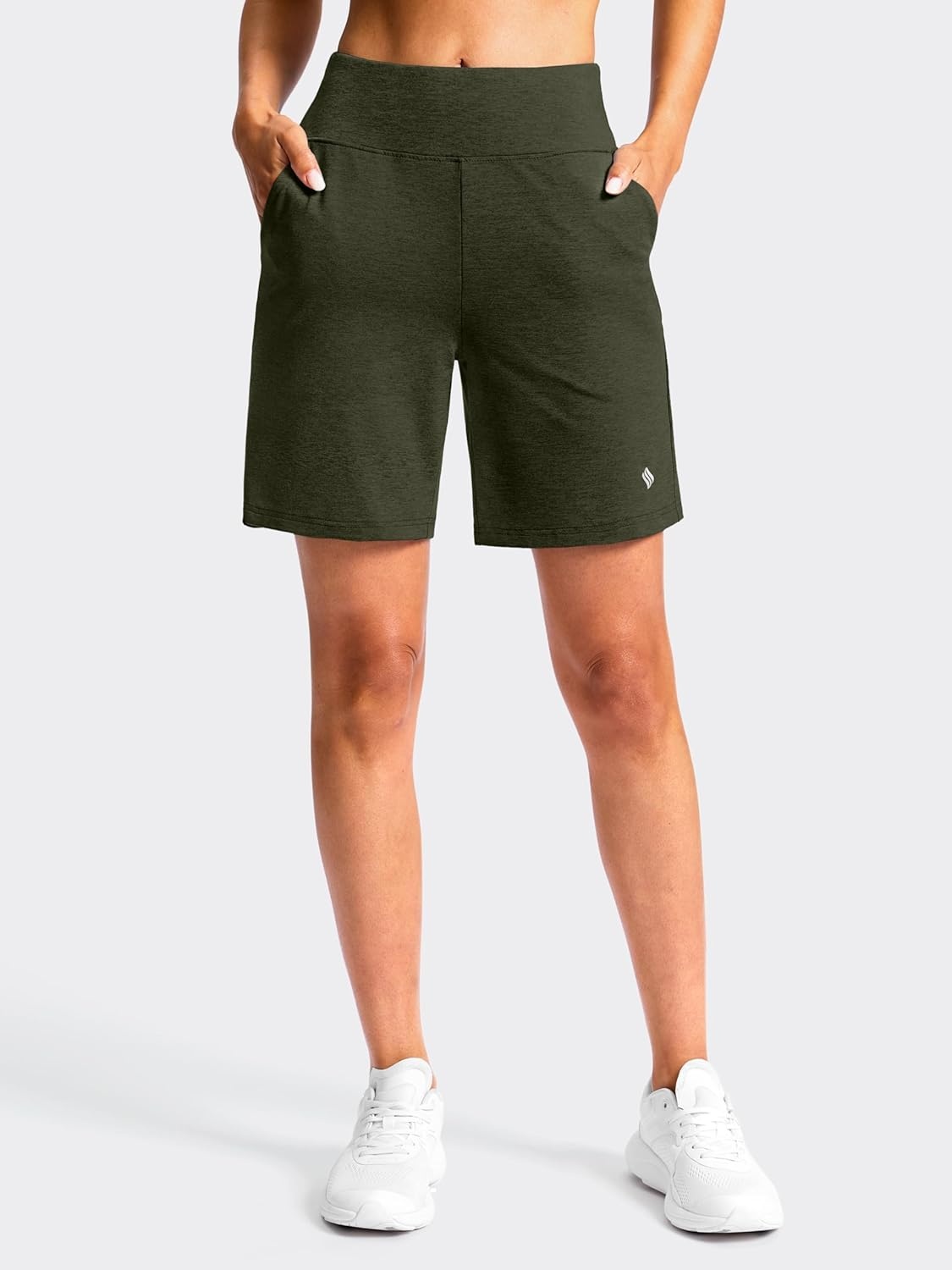 image:imageSANTINY Womens 79 Bermuda Long Shorts Lightweight High Waisted Walking Casual Running Workout Athletic Short with PocketsOlive