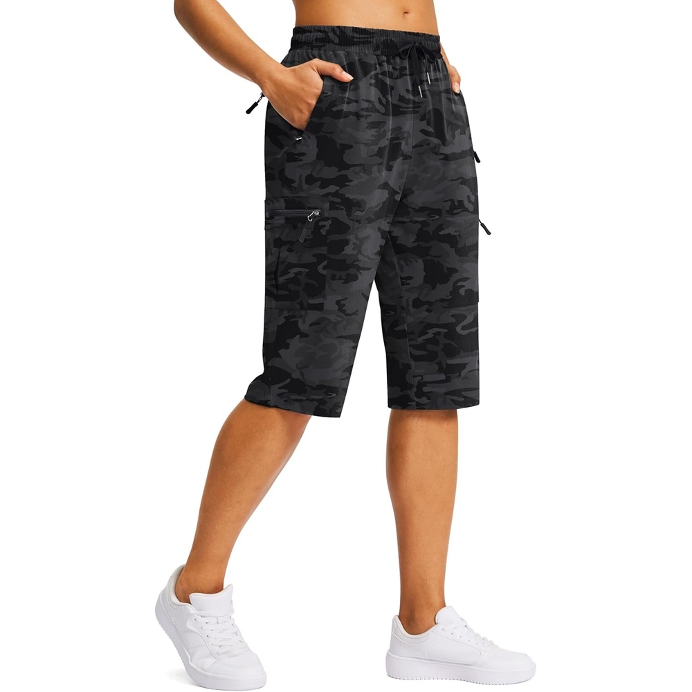 image:imageSANTINY 15 Long Shorts for Women Hiking Cargo Bermuda Shorts with 5 Zipper Pockets Lightweight Quick Dry Knee Length CaprisBlack Camo