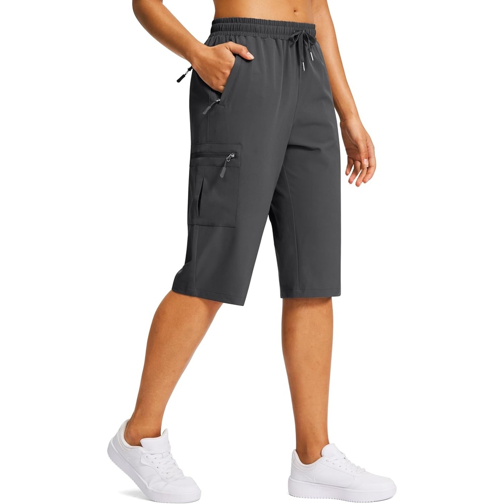 image:imageSANTINY 15 Long Shorts for Women Hiking Cargo Bermuda Shorts with 5 Zipper Pockets Lightweight Quick Dry Knee Length CaprisDark Grey