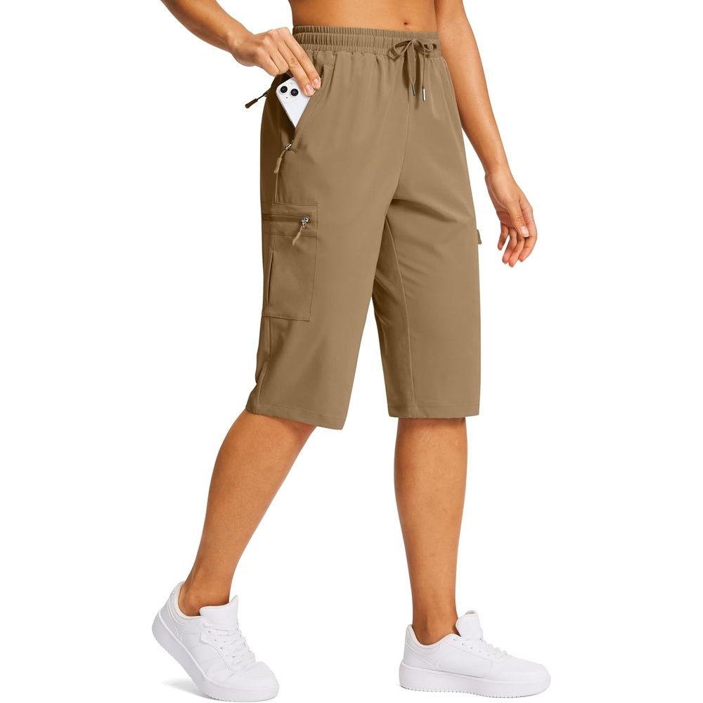image:imageSANTINY 15 Long Shorts for Women Hiking Cargo Bermuda Shorts with 5 Zipper Pockets Lightweight Quick Dry Knee Length CaprisDark Khaki