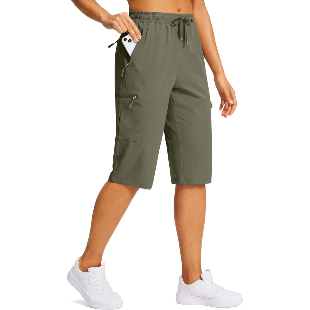image:imageSANTINY 15 Long Shorts for Women Hiking Cargo Bermuda Shorts with 5 Zipper Pockets Lightweight Quick Dry Knee Length CaprisGrey Sage