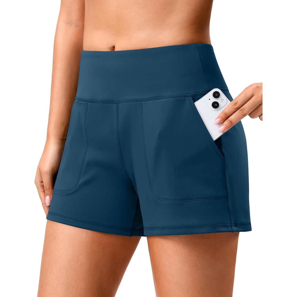 image:imageSANTINY 35 Linerless Shorts for Women  High Waisted Athletic Running Shorts with Pockets for Wokrout Tennis LoungeIndigo