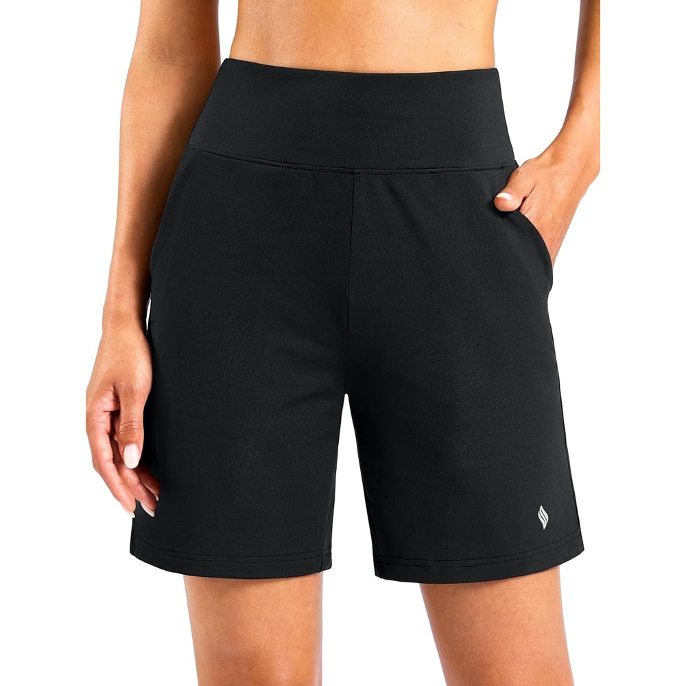 image:imageSANTINY Womens 79 Bermuda Long Shorts Lightweight High Waisted Walking Casual Running Workout Athletic Short with PocketsBlack