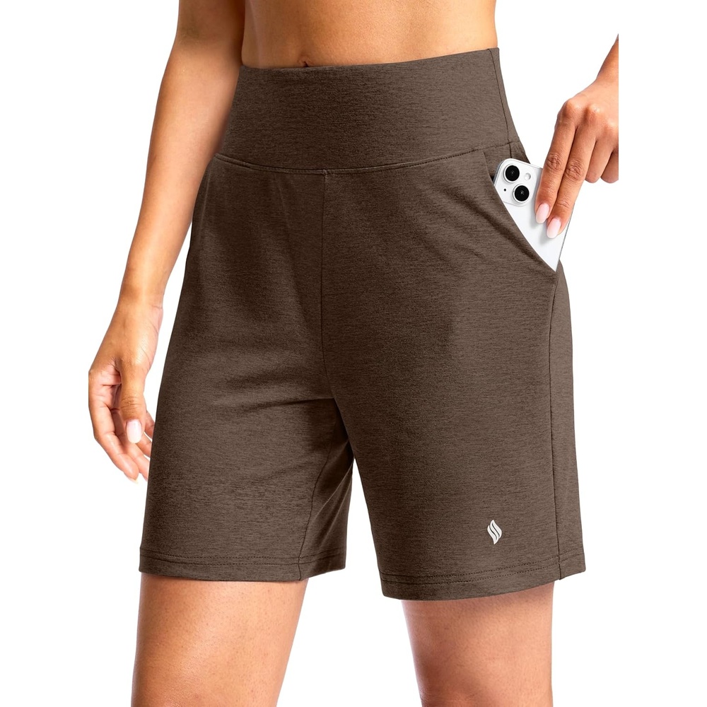 image:imageSANTINY Womens 79 Bermuda Long Shorts Lightweight High Waisted Walking Casual Running Workout Athletic Short with PocketsBrown