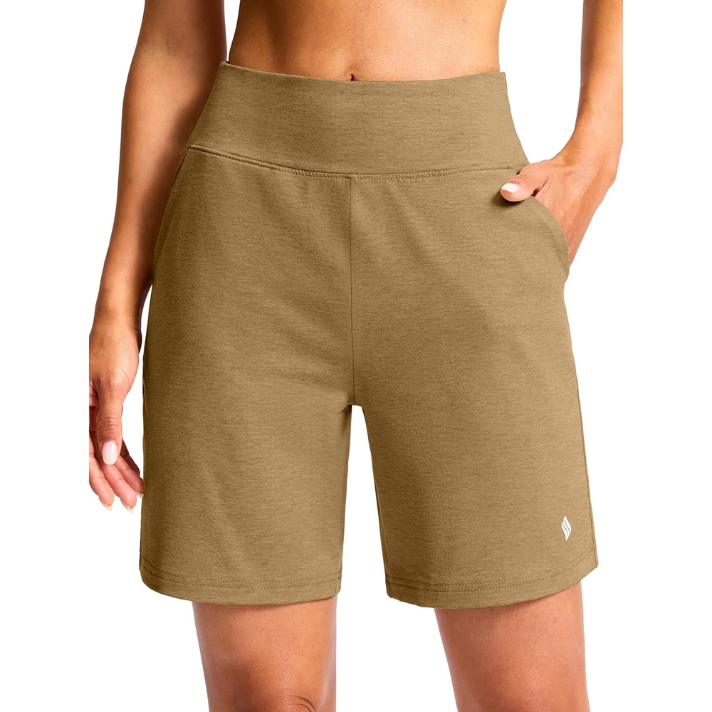 image:imageSANTINY Womens 79 Bermuda Long Shorts Lightweight High Waisted Walking Casual Running Workout Athletic Short with PocketsDark Khaki